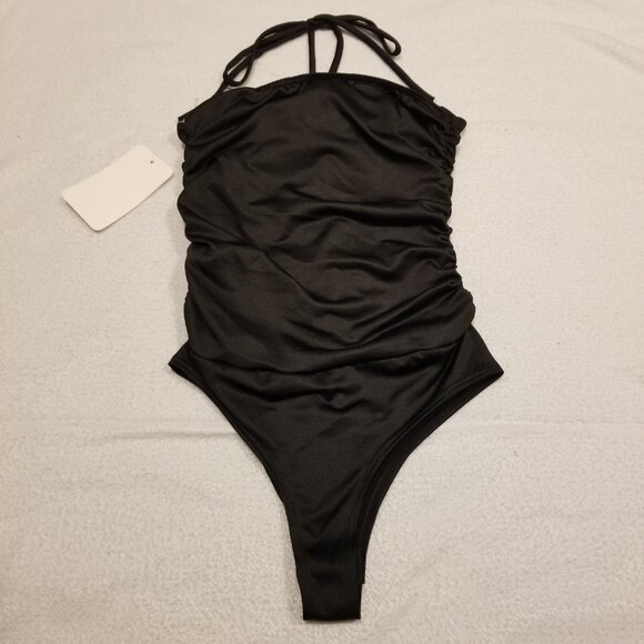 NWT Bodysuit with Rosette Black Halter Tube Top Shirt Ruched Sleeveless XS Gaze - Picture 8 of 13